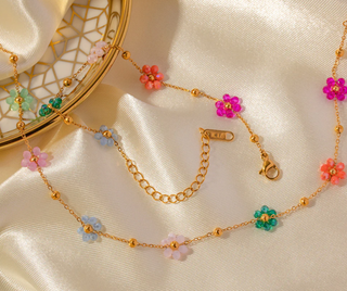 Collier doré Fleurs multicolores