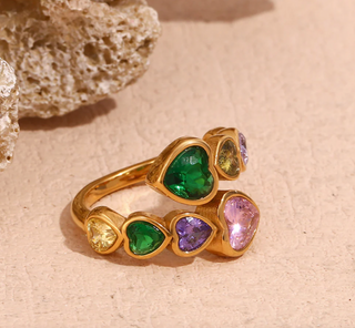 Bague coeur doré et pierres colorées