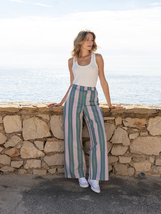 Pantalon Ludo à rayures vert et rose