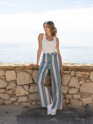 Pantalon Ludo à rayures vert et rose