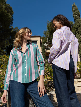 Fanny backless shirt with green stripes