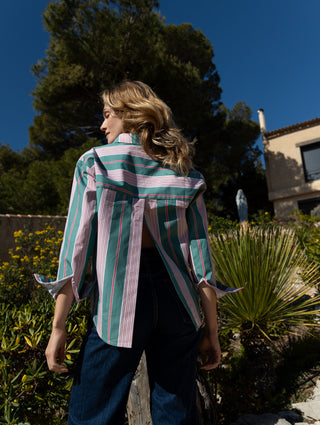 Fanny backless shirt with green stripes