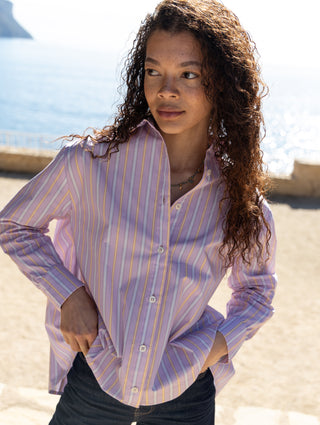 Fanny backless shirt purple yellow stripes