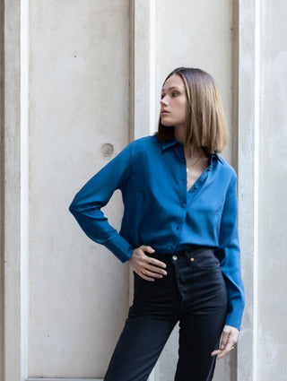 London petrol blue silk shirt