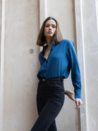 London petrol blue silk shirt